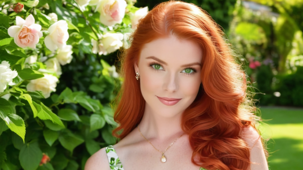 a woman with red hair and green eyes